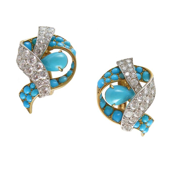   Cartier - Pair of turquoise and diamond ribbon scroll earrings | MasterArt
